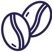 Illustration of two coffee beans in dark blue outline.