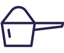 Simple line drawing of a measuring scoop with a handle.
